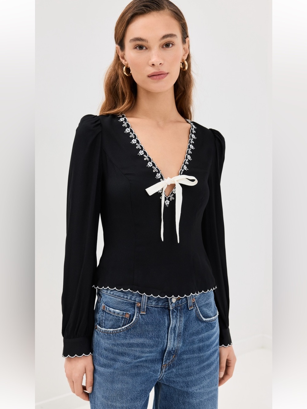 Reformation Vivia , Black V-Neck Long Sleeve Top with Cream Tie - size 2